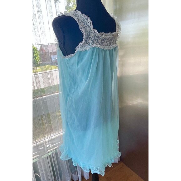 Vintage 60s night dress, blue lined sleeveless nightgown, sheer negligee - Picture 4 of 8
